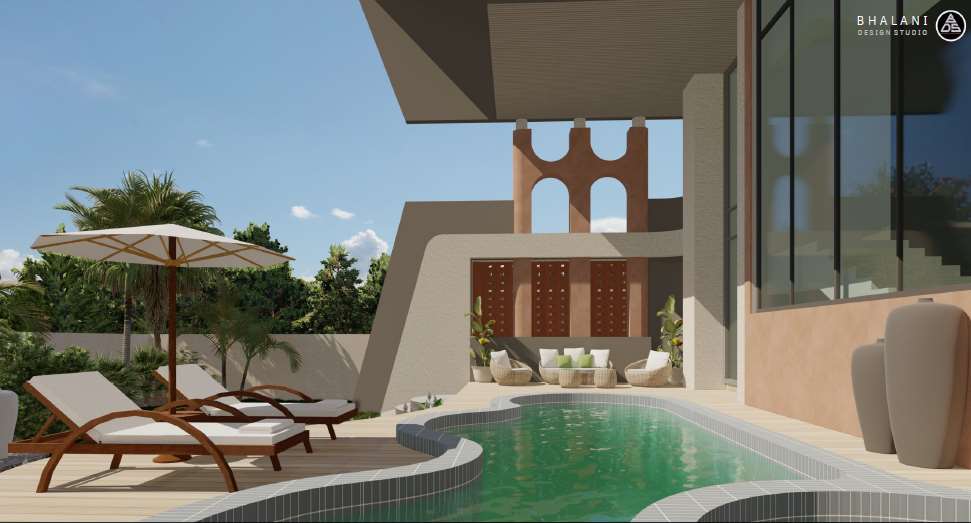 A signature A R ASSOCIATES luxury residence — pool courtyard and curved facade